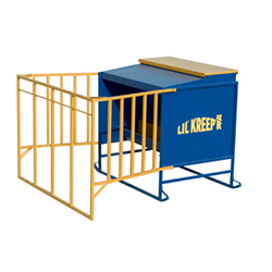 Lil' Kreep'r II livestock creep feeder — blue hopper with gold pen rails, 20 calf capacity